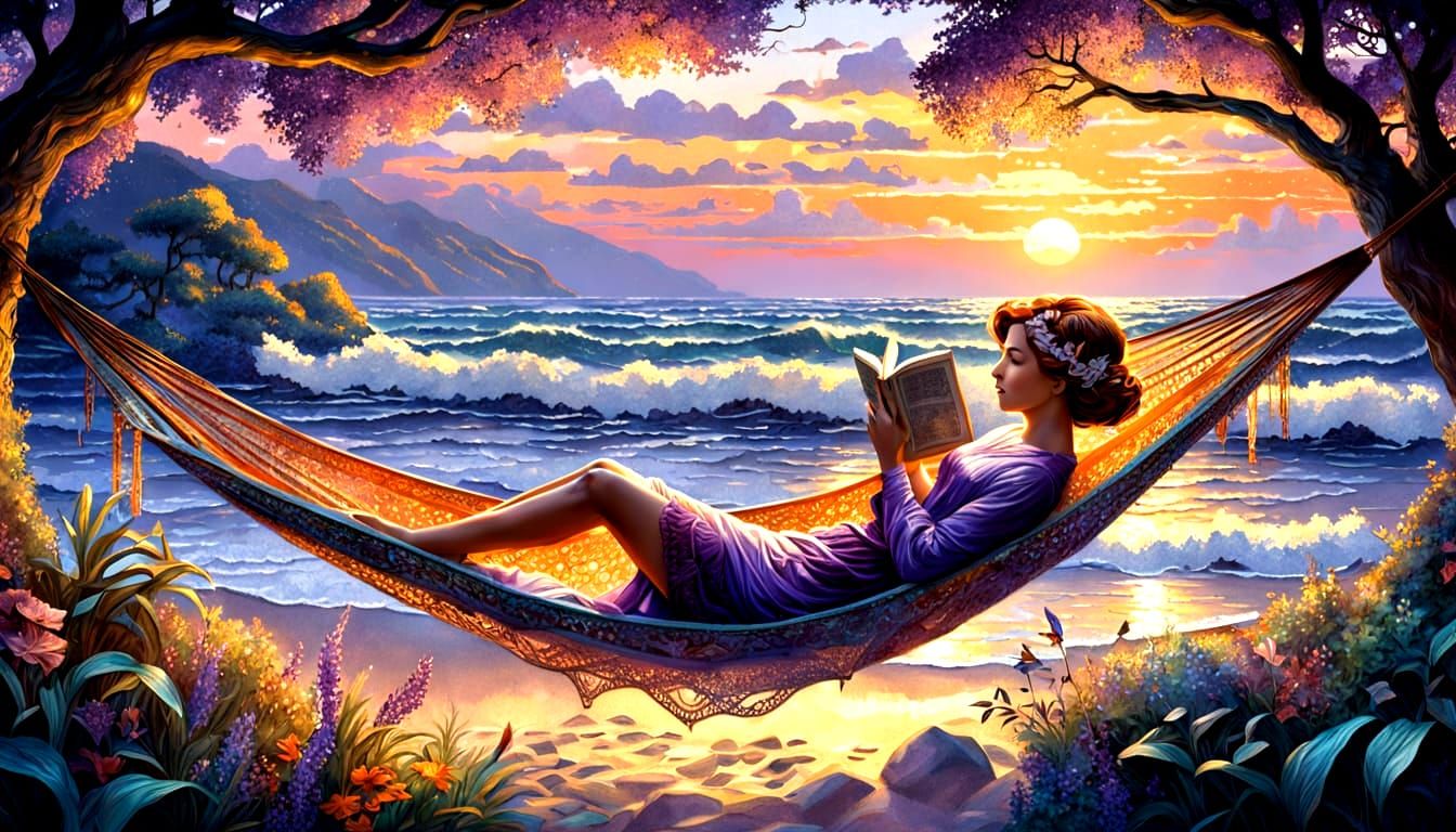Woman Reading in Hammock by Twilight Ocean, Art Nouveau Mosa...