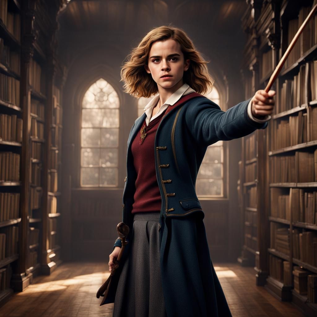 Hyperrealistic Hermione Granger in Fantasy Library