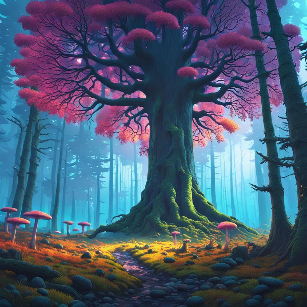 Mystical Glowing Tree in Dreamlike Forest, Fantasy Art