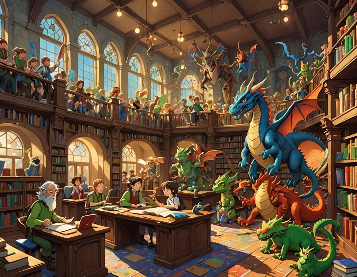 Mythical Creatures in School: Cartoon Fantasy Scene
