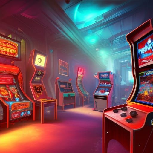 Retro Arcade with Bright Screens in 8k