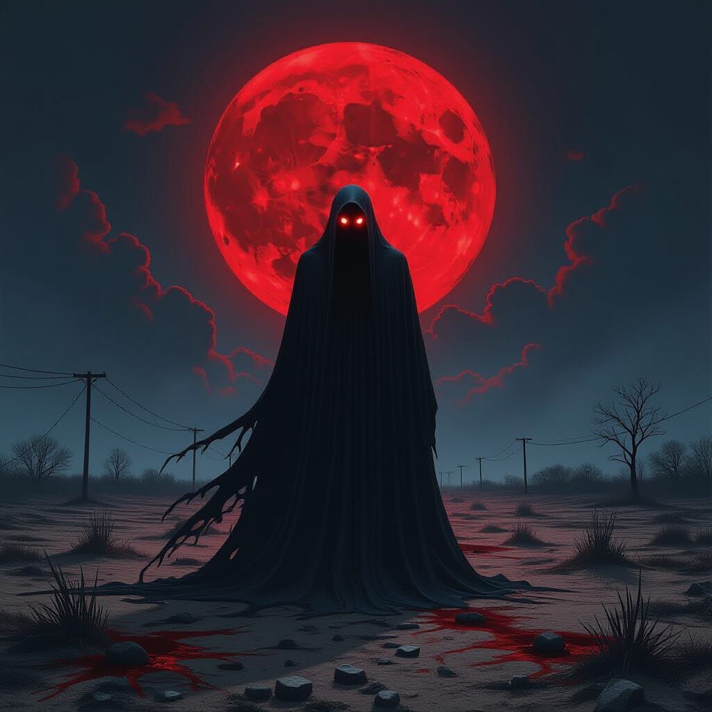 Shadowy Figure Under Blood Moon in Texas Killing Field