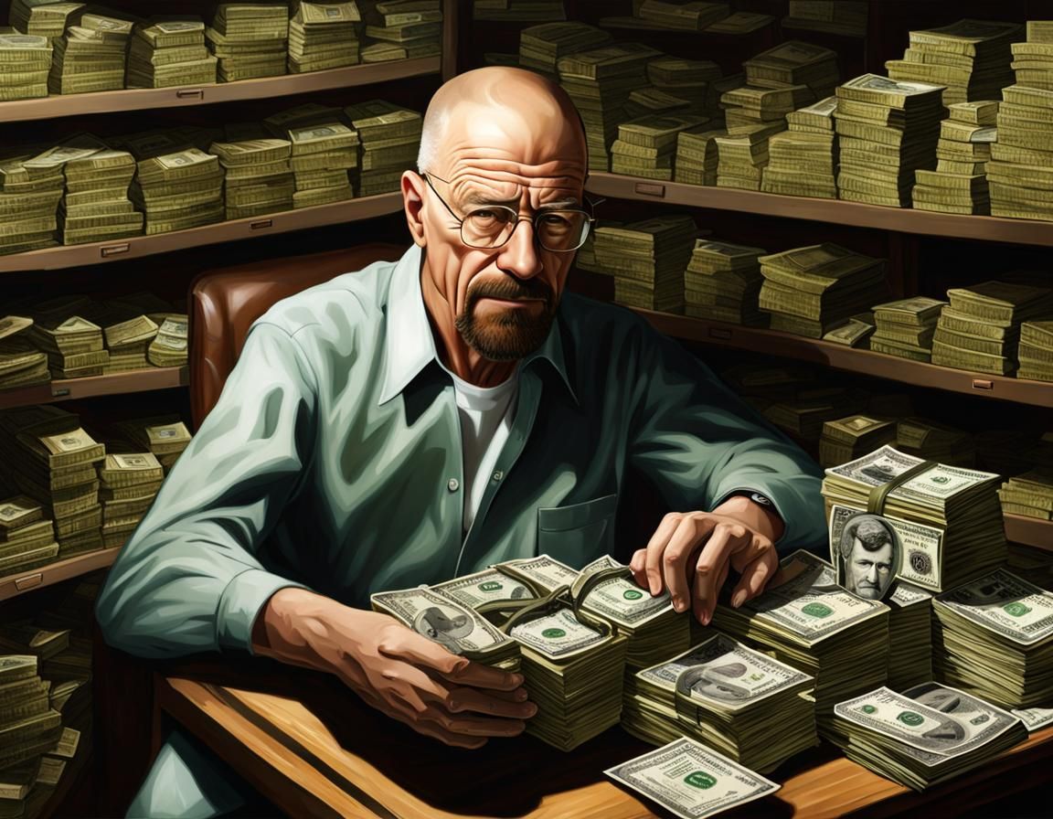 Walter white in his money stash, hyperdetailed elegant photorealistic