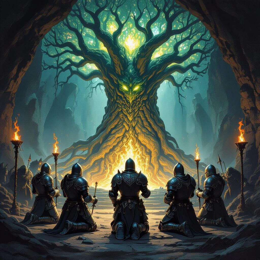 Knights' Last Stand Before Magic Tree in Cave