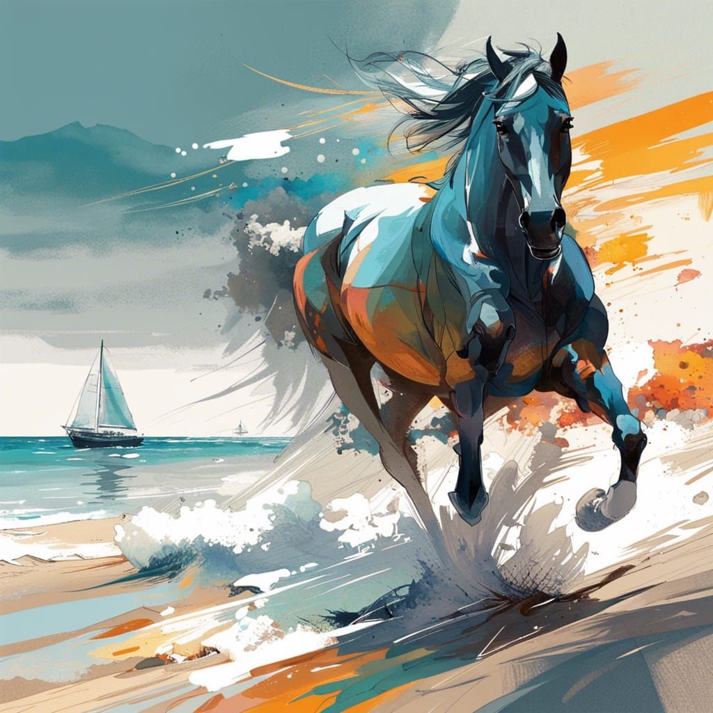 Horse Gallops on Beach: Detailed Digital Art