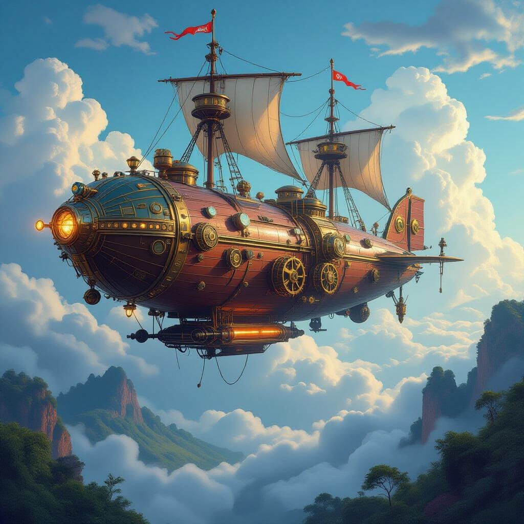 Steampunk Airship with Bioluminescent Valley, Fantasy Illust...