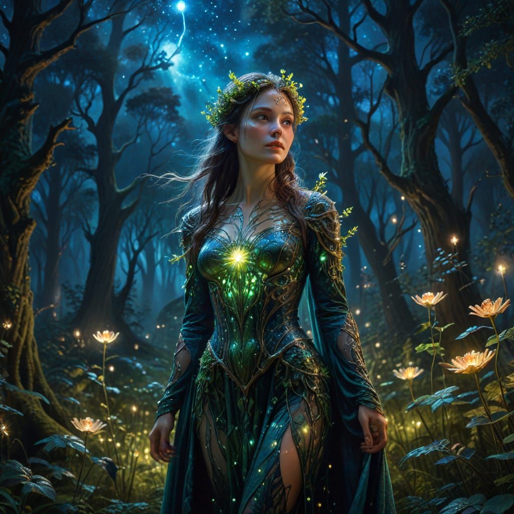 Surreal Enchantress in Glowing Forest Glade