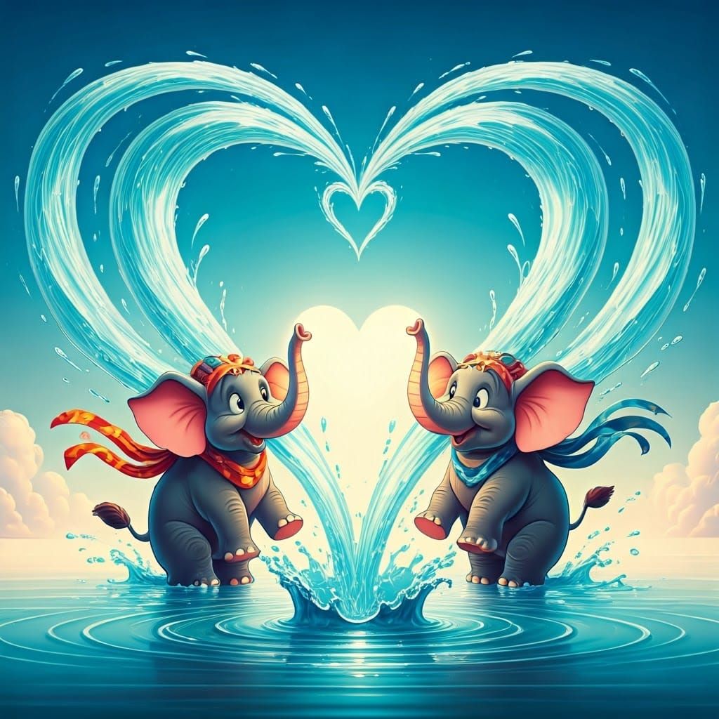 Vibrant Cartoon Elephants Create a Glowing Heart