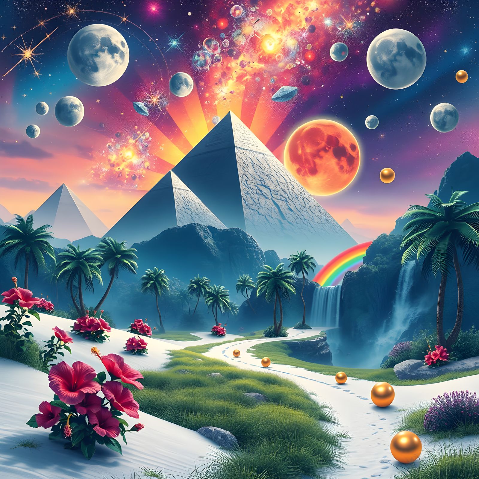 Surreal Desert Rainforest with Floating Pyramids