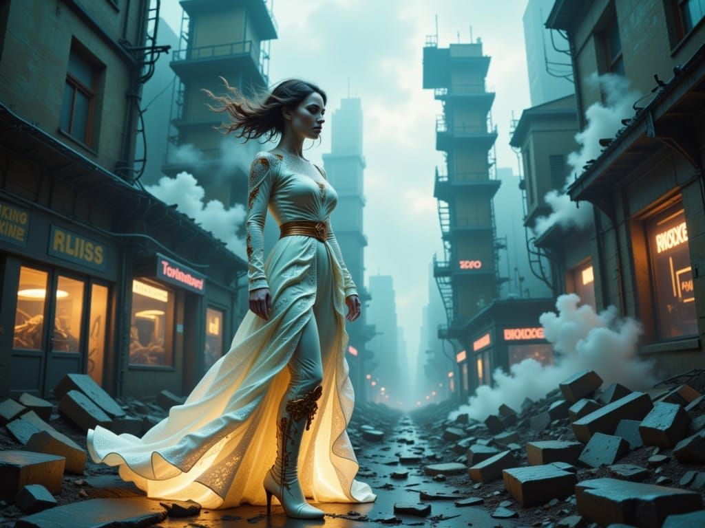 Cybervictorian Woman Amidst Dystopian Wasteland