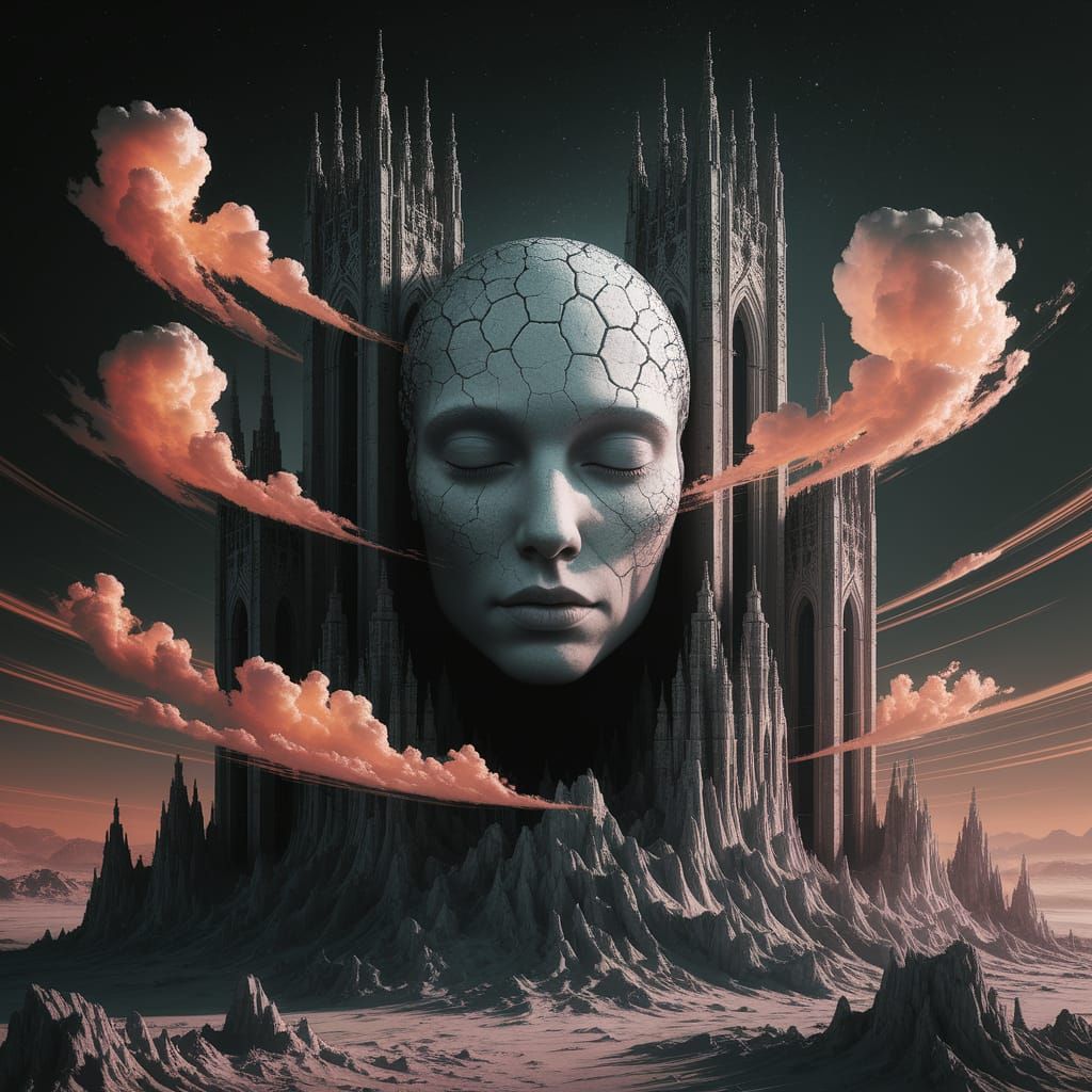 Ethereal Portrait Amidst Gothic Skyscrapers on a Rocky Plane...