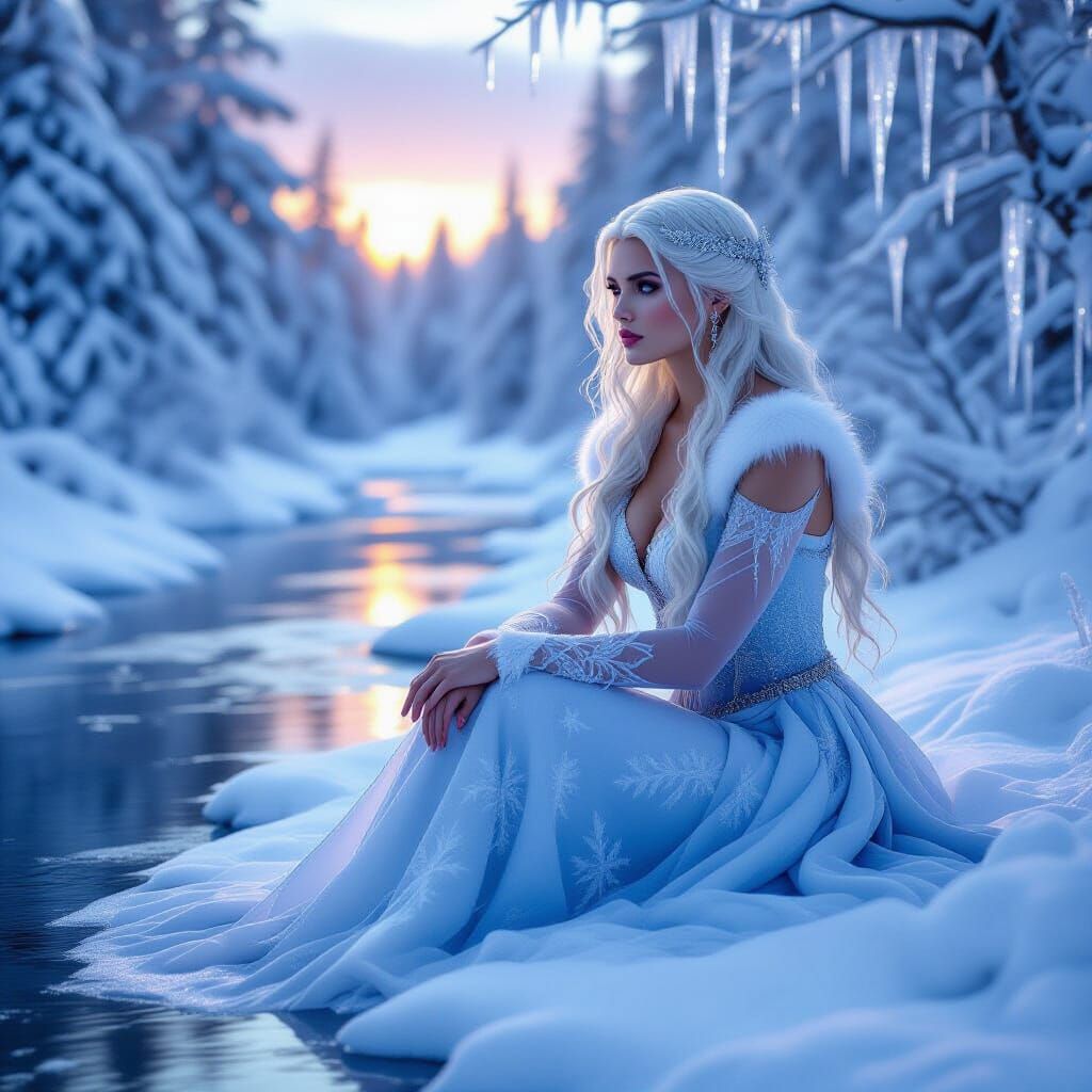 Ethereal Ice King in Snowy Forest at Sunset