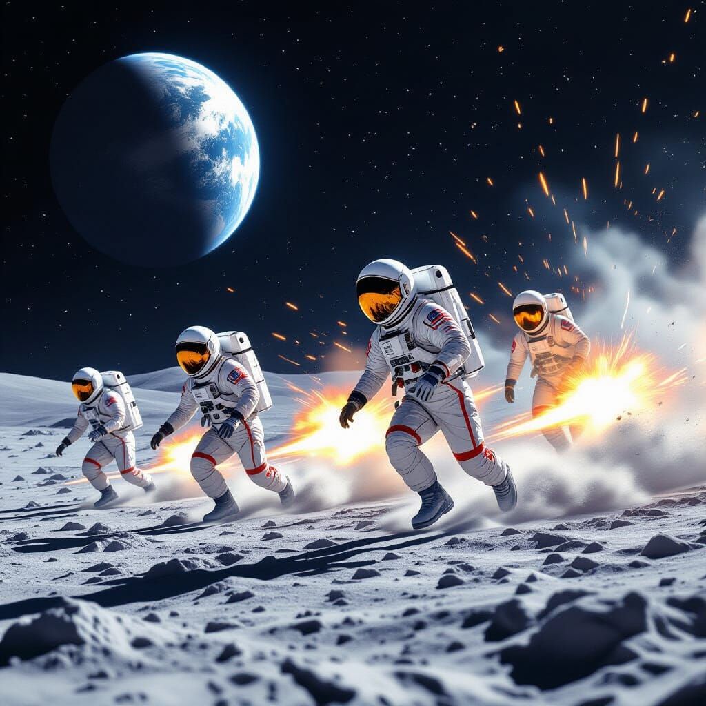 Astronaut Race on Moon in Digital Matte Painting Style