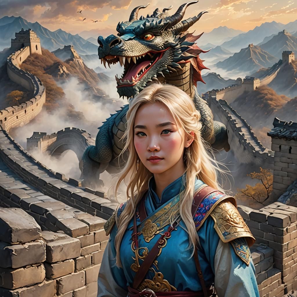 Chinese Girl and Dragon on Great Wall