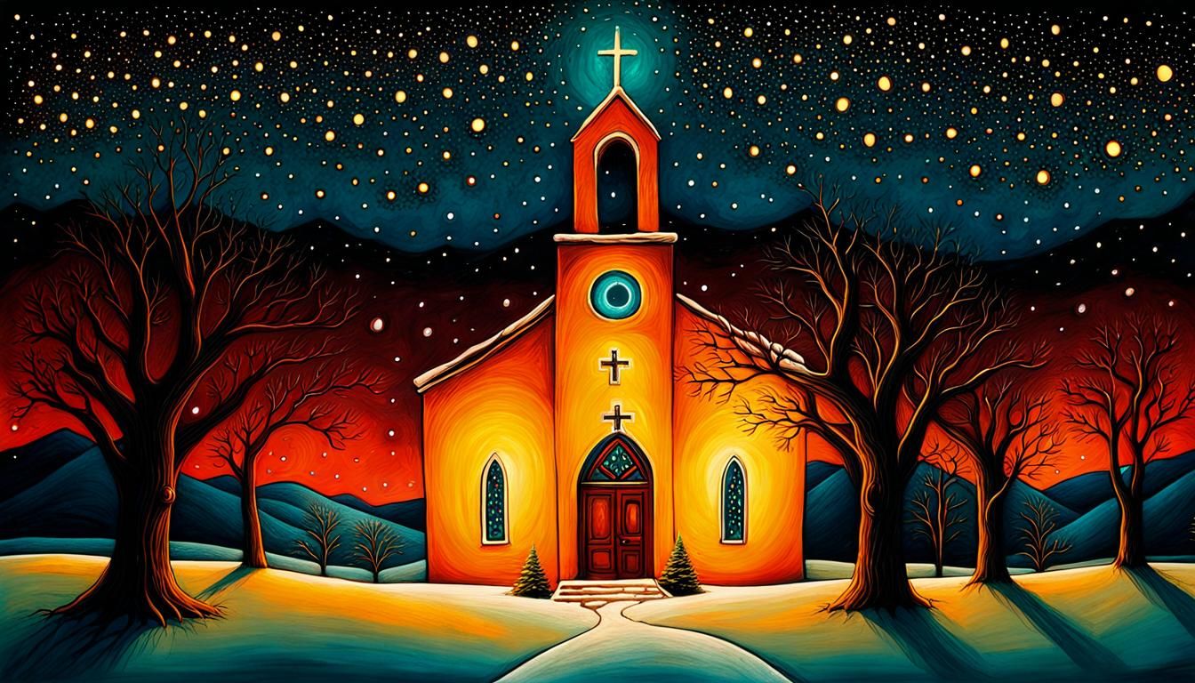 New Mexico Church Christmas Night Painting