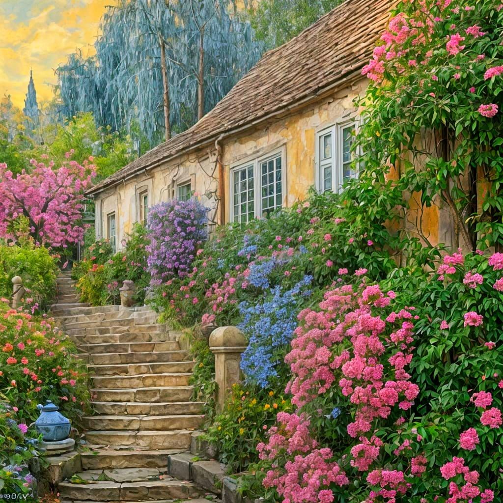 Charming Cottage Garden in Grotesque Oil Painting Style