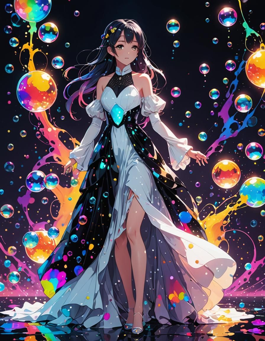 Iridescent Bubbles with Rainbow Ink Splatter, Anime Style