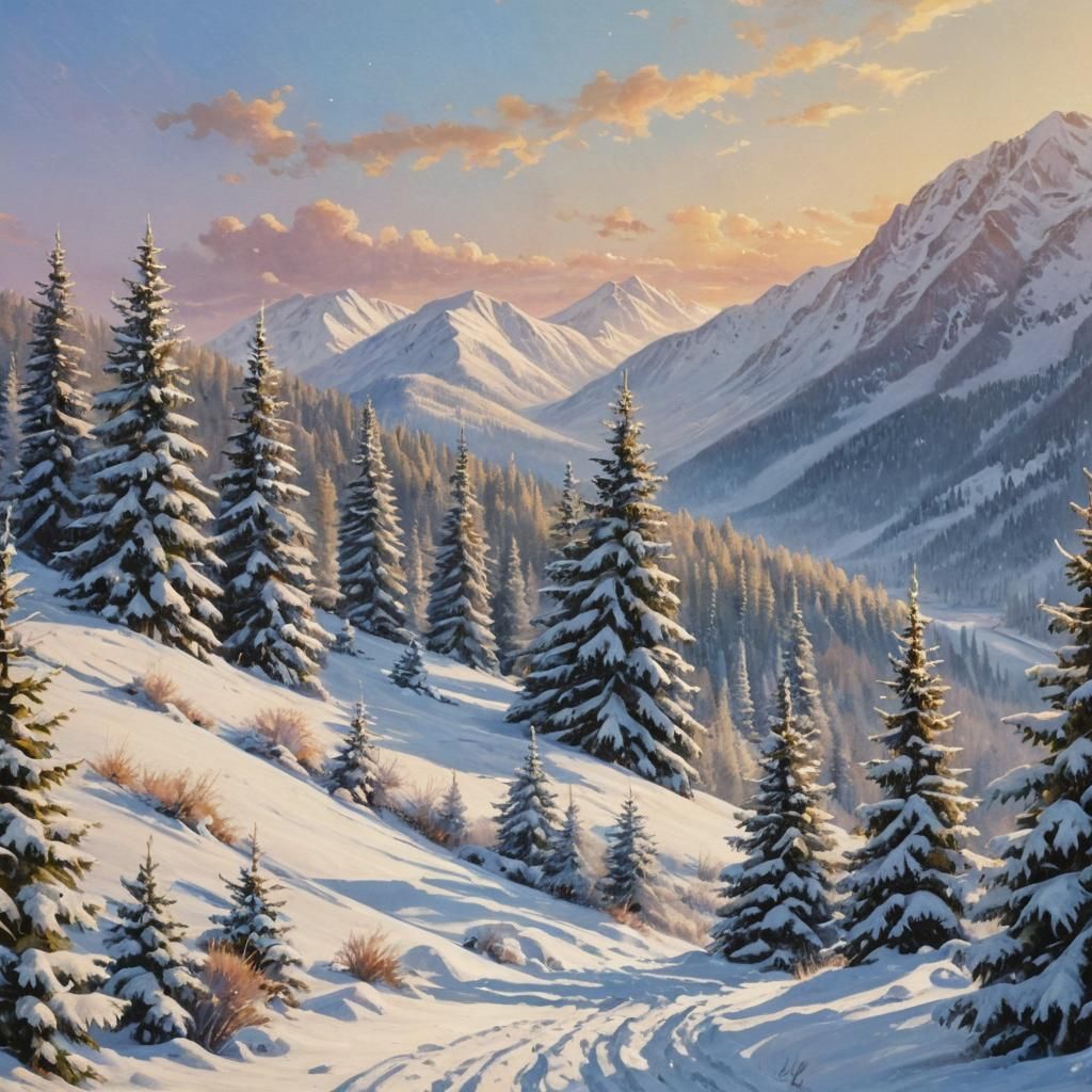 Vibrant Winter Wonderland of Christmas Trees in Snowy Mounta...