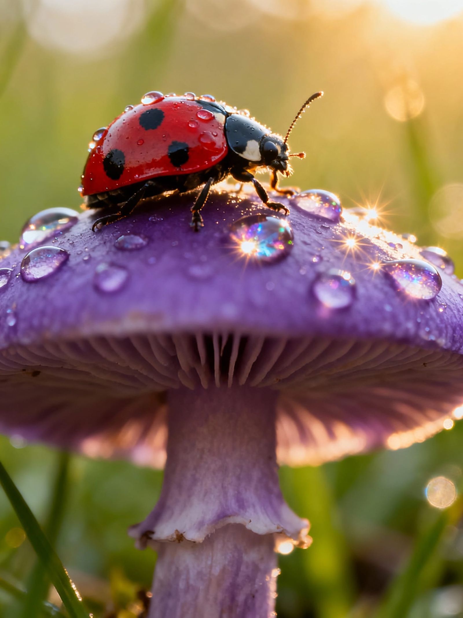Ladybug on Purple Mushroom with Dew Drops