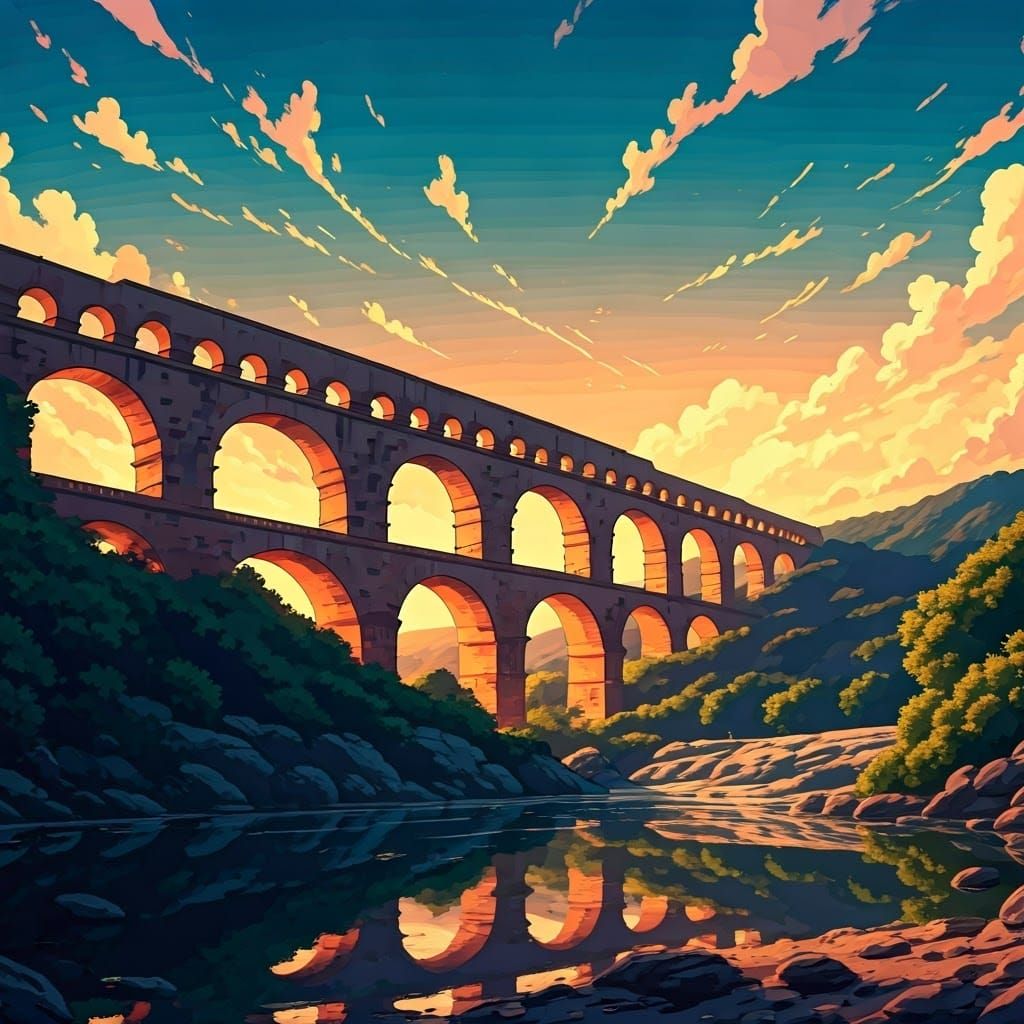 Surreal Sunset Roman Aqueduct in Vibrant Manga Style