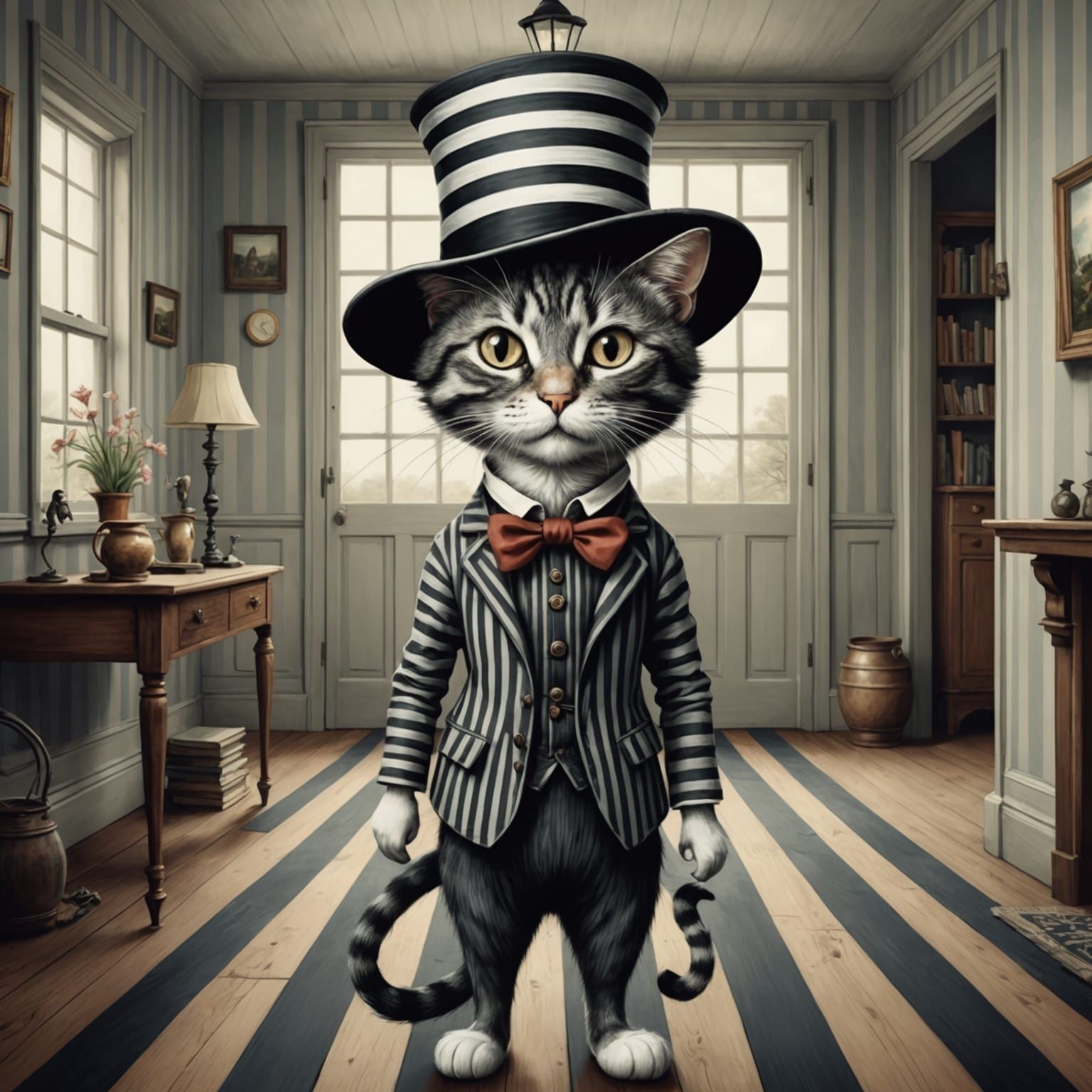 Striped Cat Burglar in Victorian Setting, Bosch Style