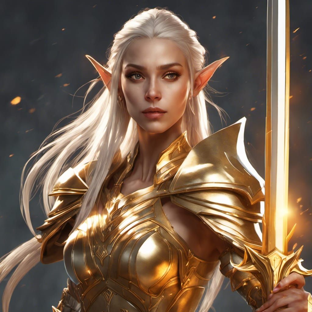High Elf Warrior in Golden Armor, Fantasy Portrait