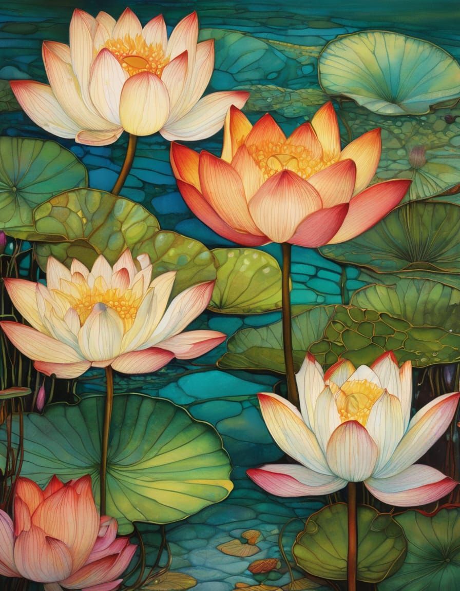 Multicoloured Lotus Flower in Summer Pond