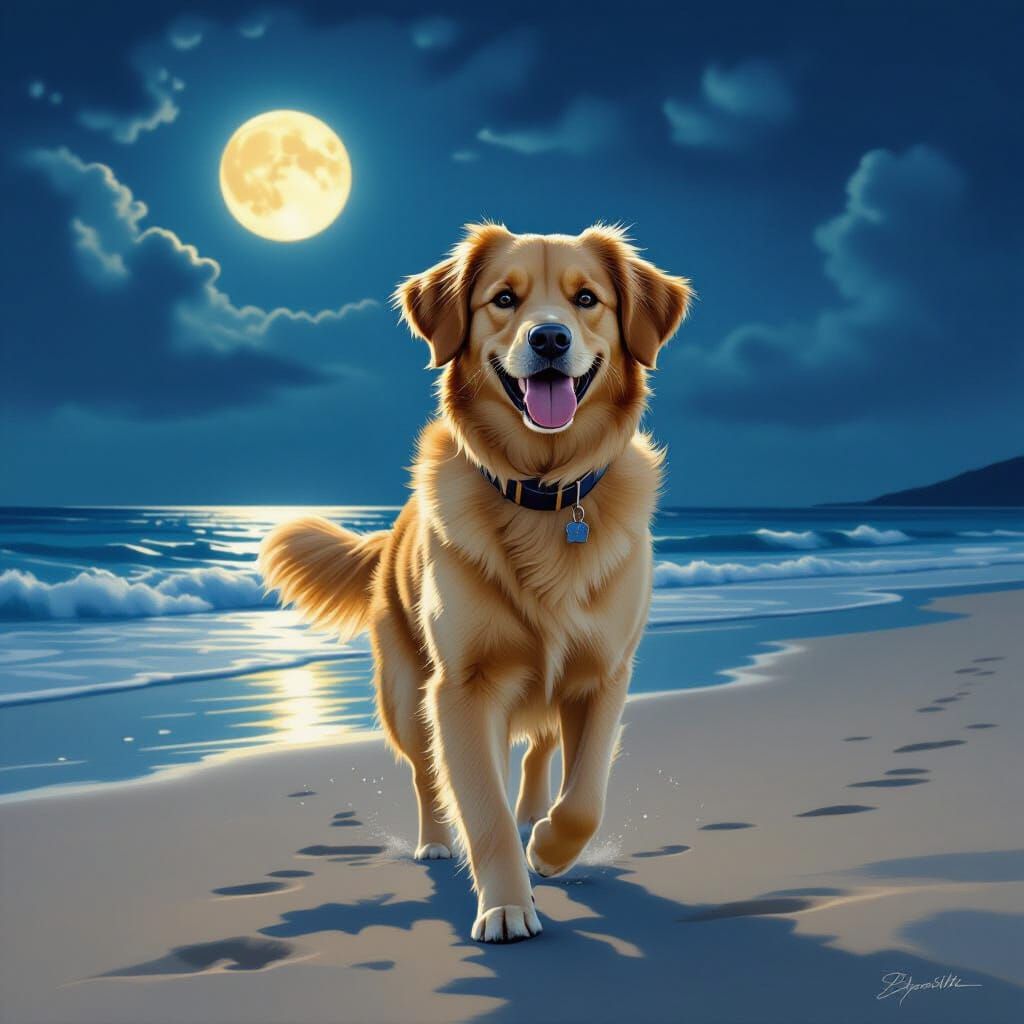 Dog Walks on Moonlight Beach in Dreamy Style