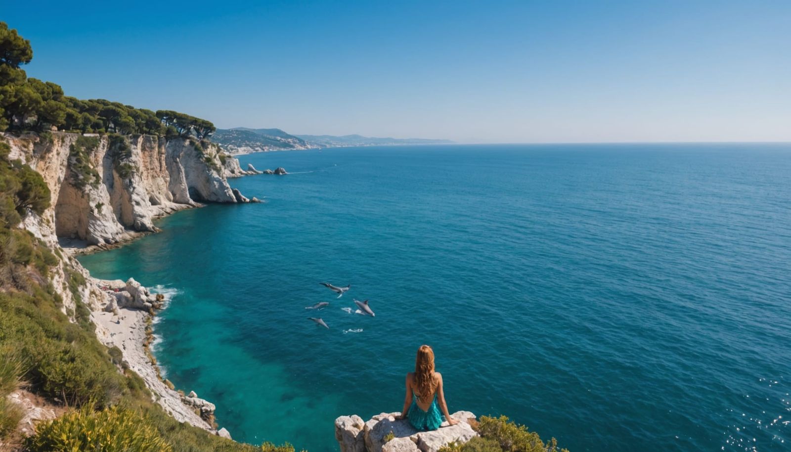 Fairy Women Watch Mermaid & Dolphins at Sunny Sea