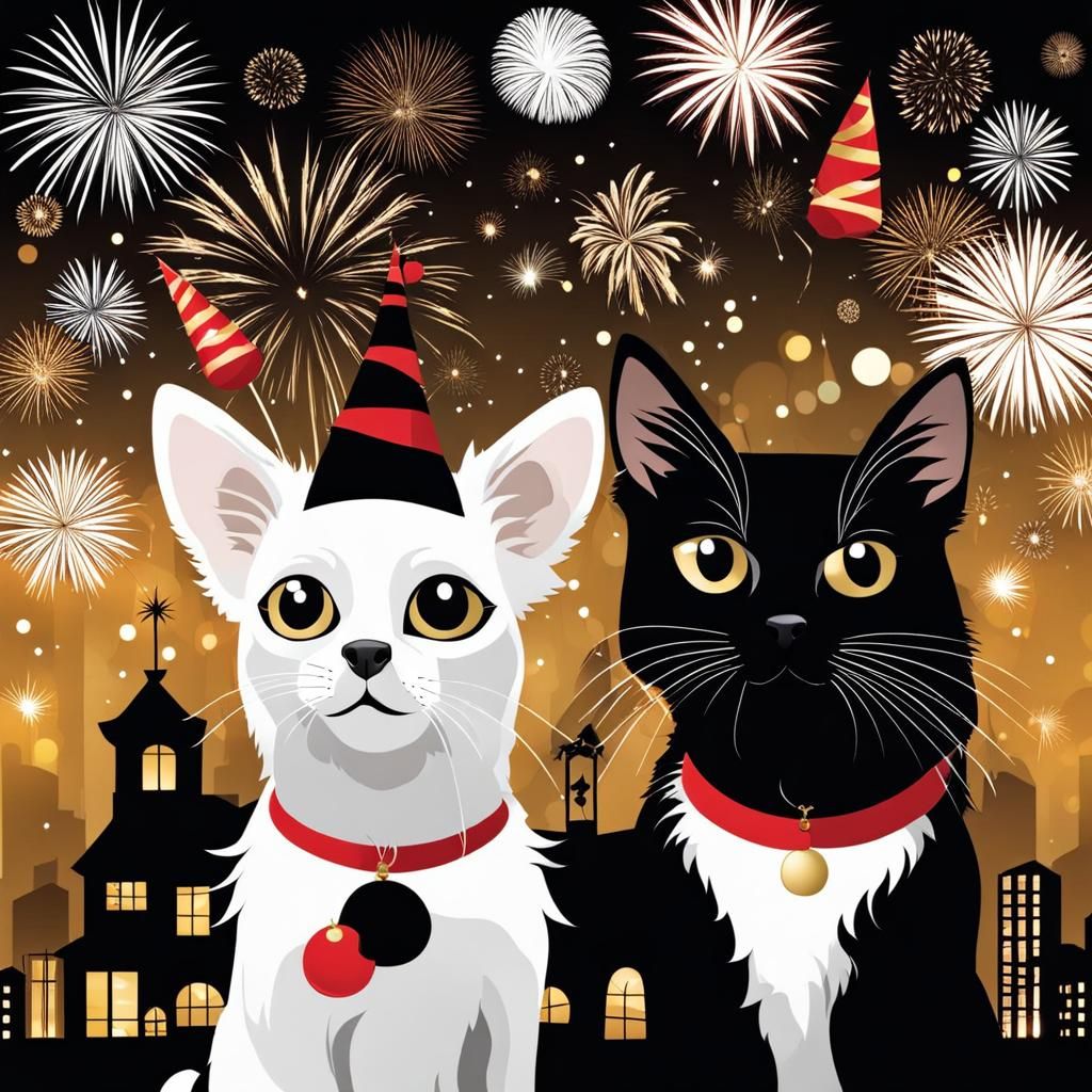 Chihuahua and Cat Celebrate New Year's Eve