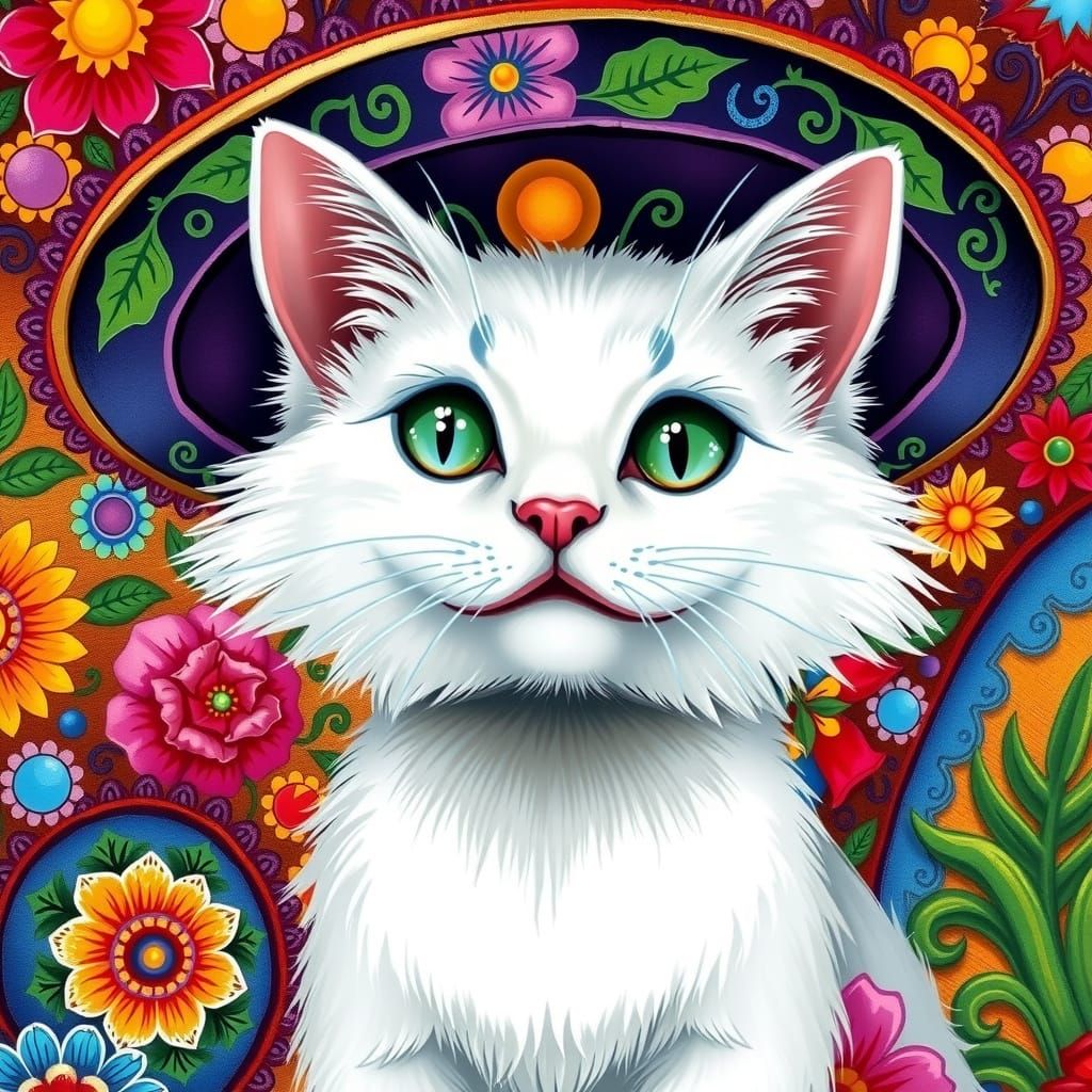 Cat in Sombrero: Whimsical Folk Art Image