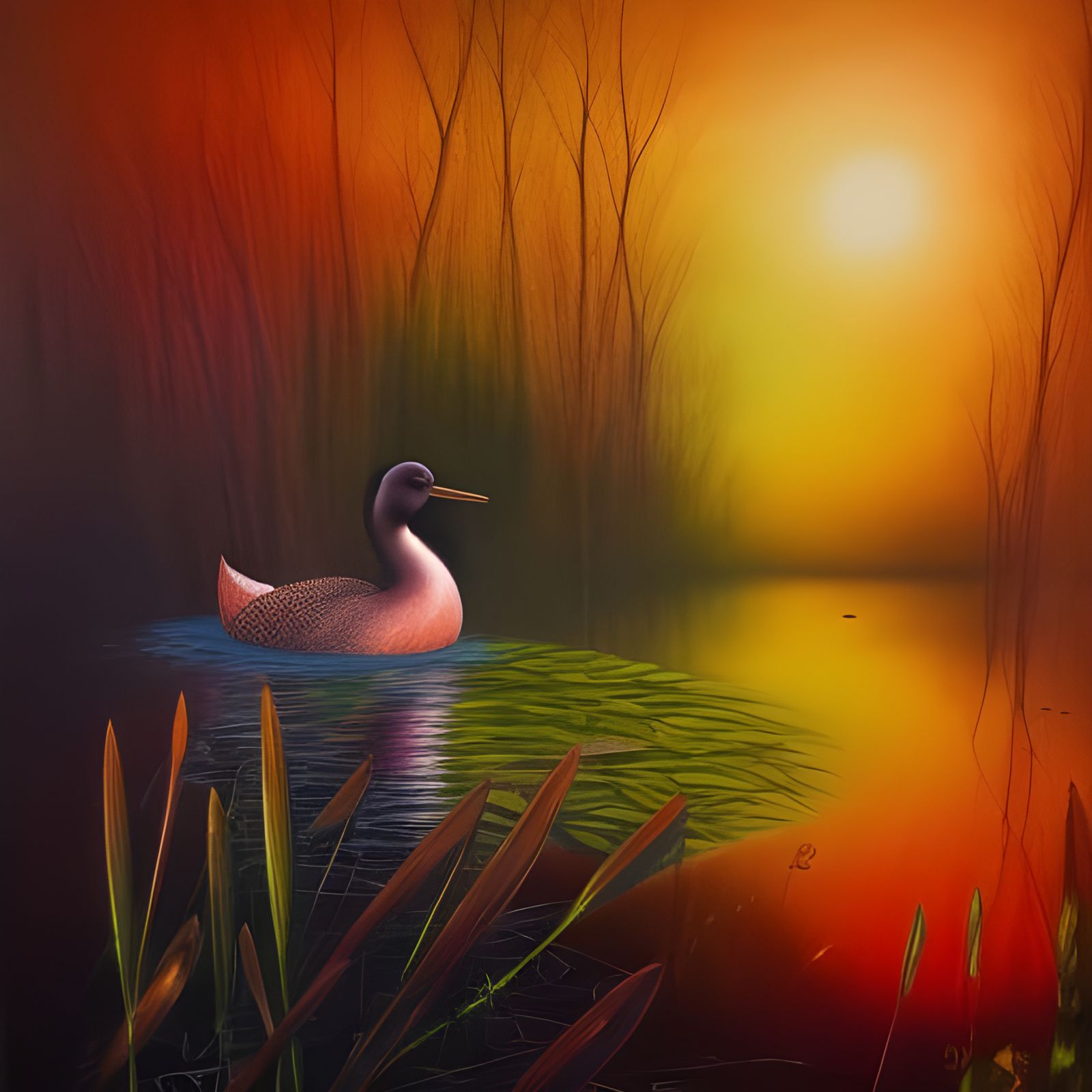 Black Duck in Autumn Sunset Pond
