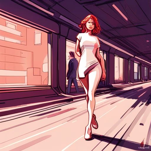 Beautiful Redhead on Catwalk in Comic Style