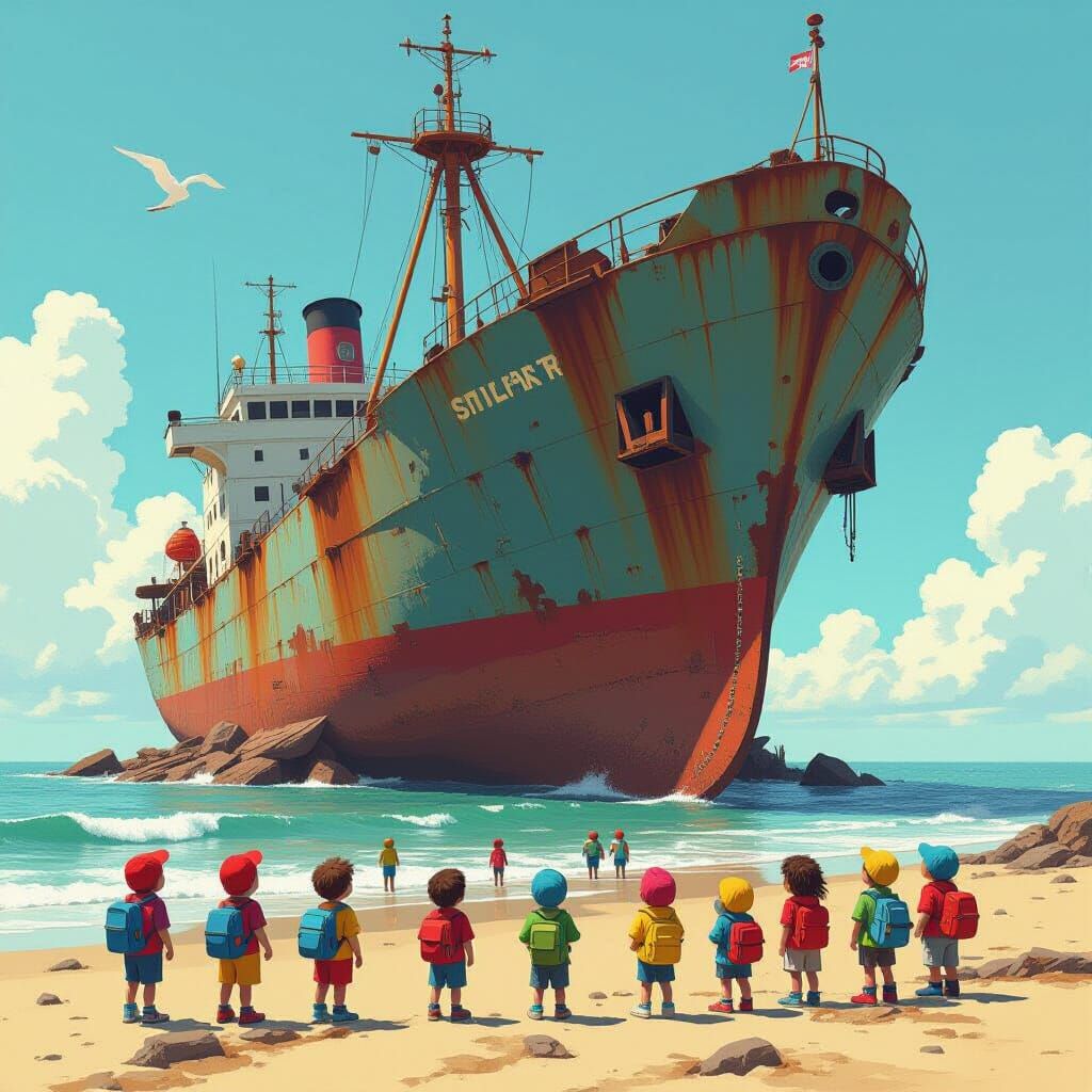 Colossal Shipwreck on Beach, Whimsical Digital Art