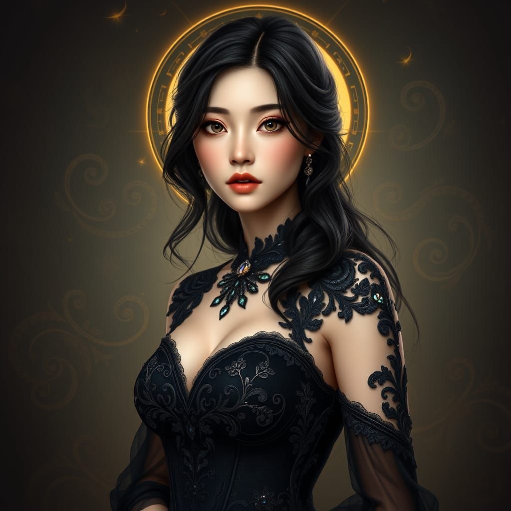Mystical Realism Portrait of a Brunette Witch in a Jewel-Ton...