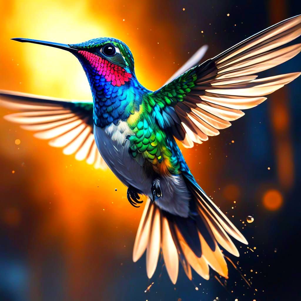 Surreal Hummingbird in Iridescent Blue Light, Crafted from M...