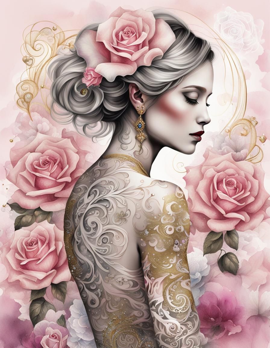 Exquisite Watercolour Silhouette with Floral Tattoo