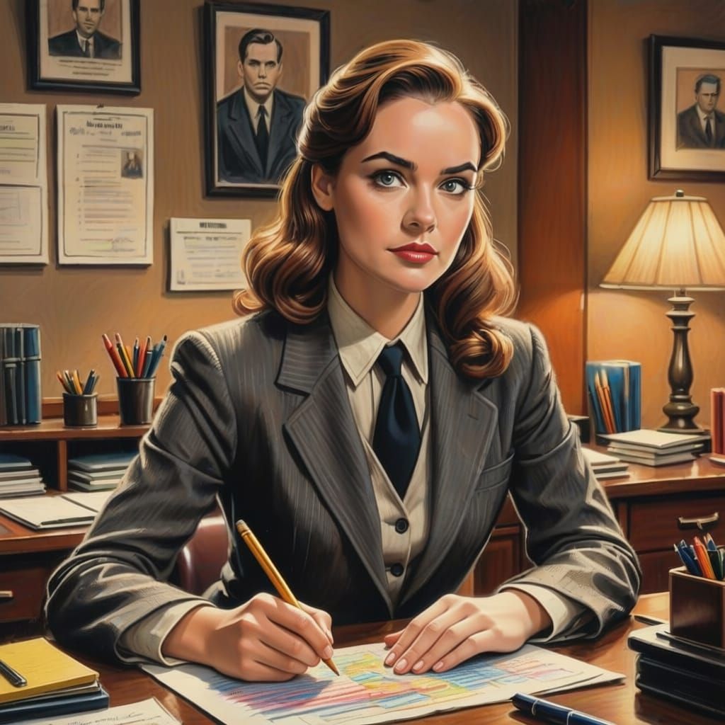 Secretary at Desk in Detective Office Crayon Drawing