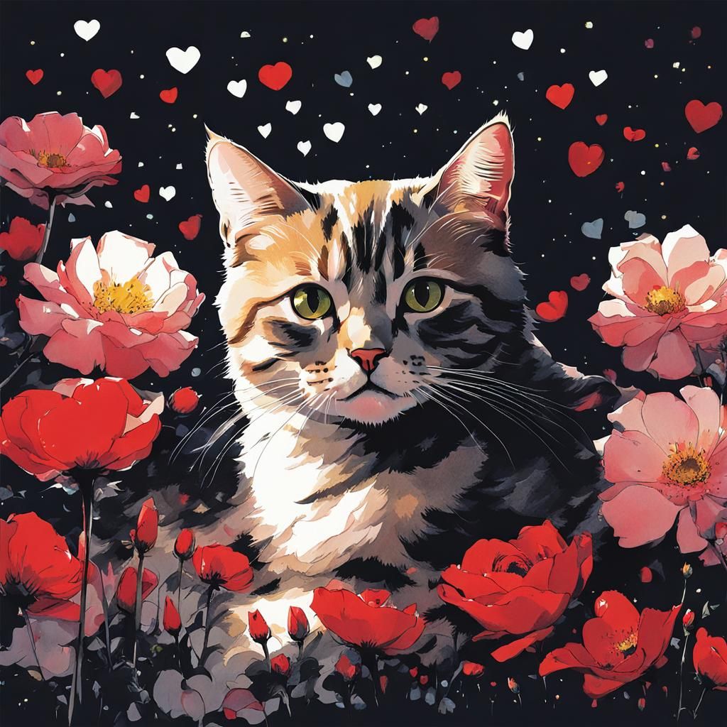 Cat Surrounded by Flowers in Dynamic Ink Style