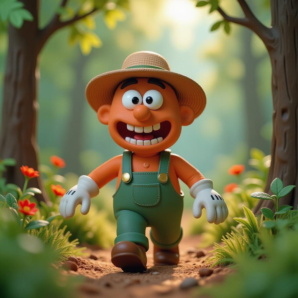 Claymation Orange Gardener in Vibrant Forest