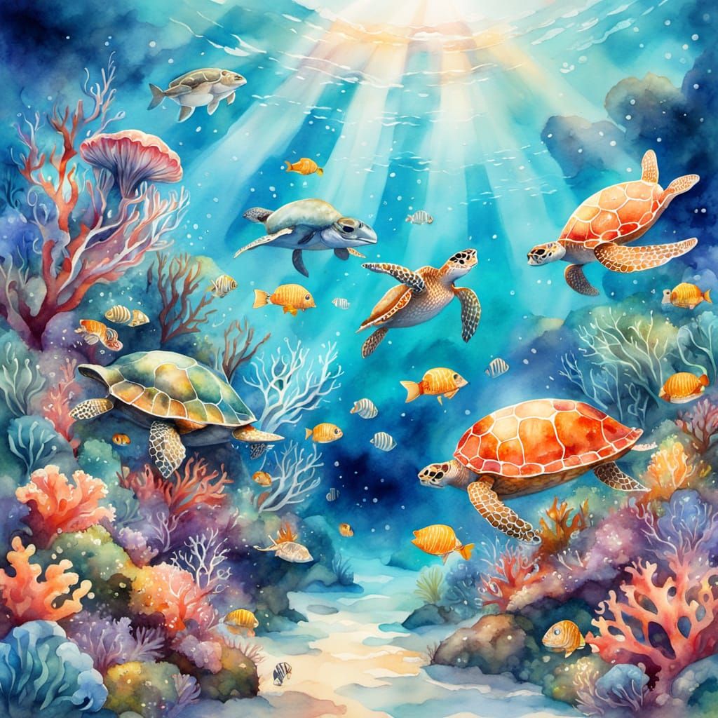 Colorful Coral Reef with Turtles in Watercolor Style
