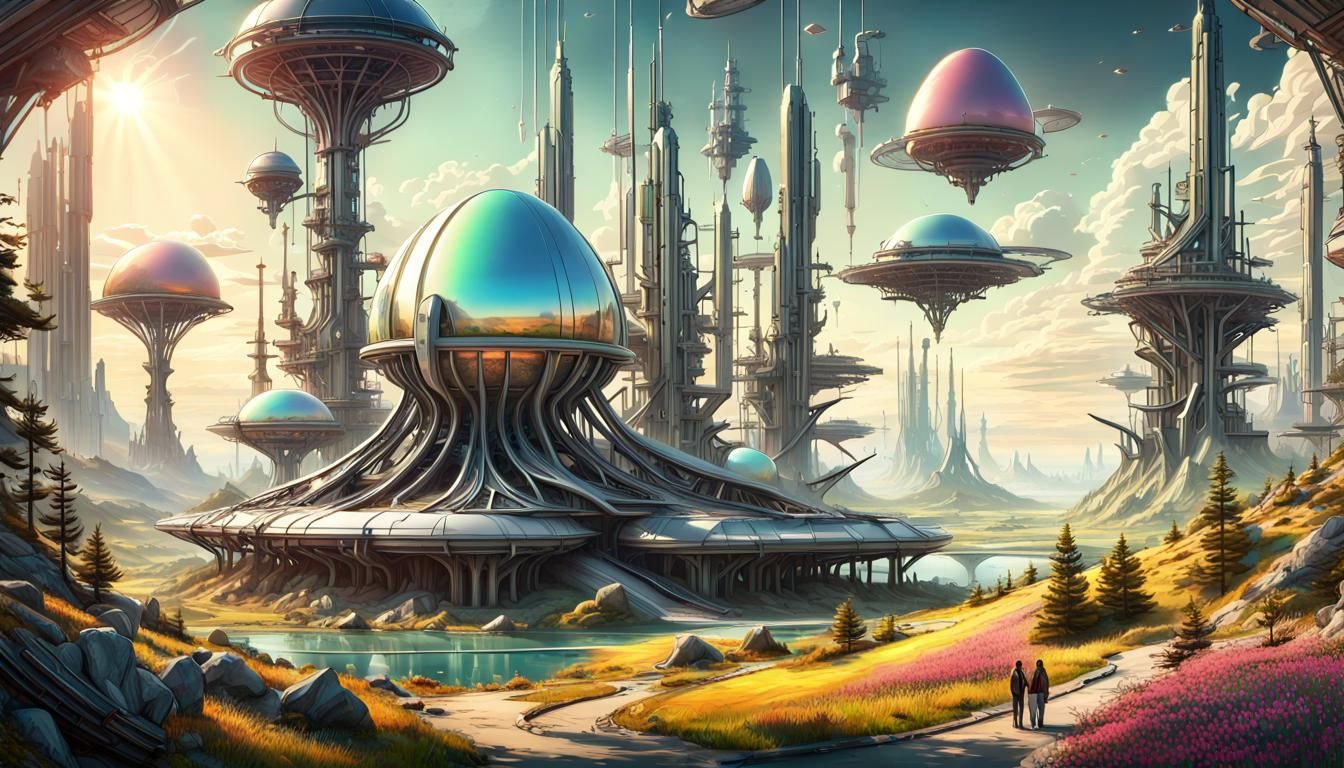 Futuristic Alien Landscape with Flying Machines