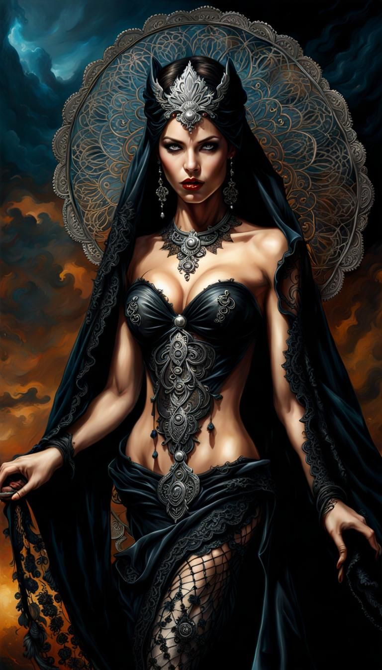 Fierce Beauty in Black Lace Veil: Fantasy Art