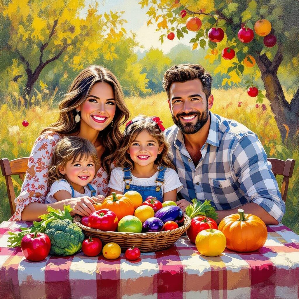 Three Generations Family Portrait in Vibrant Impasto Style