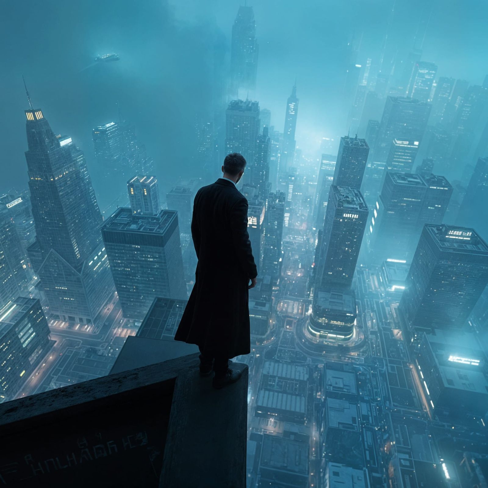 Lone Figure Gazing Over City Rooftop: Cinematic Illustration