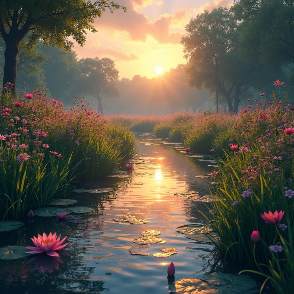 Sunset River Through Wildflower Meadow, Fantasy Art