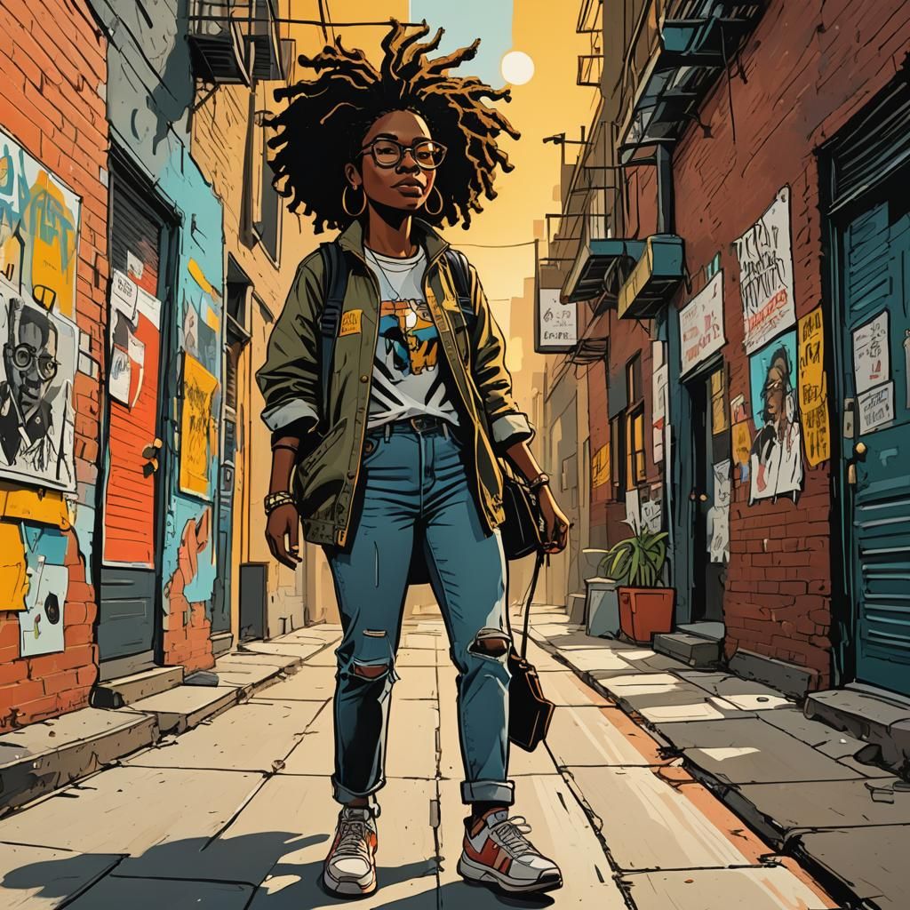 Vibrant Caricature Portrait of a Young Black Girl Walking wi...