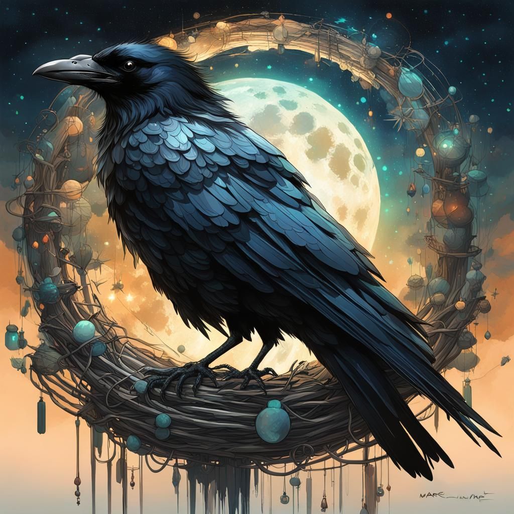 Crow's Glistening Nest Under Bioluminescent Skies