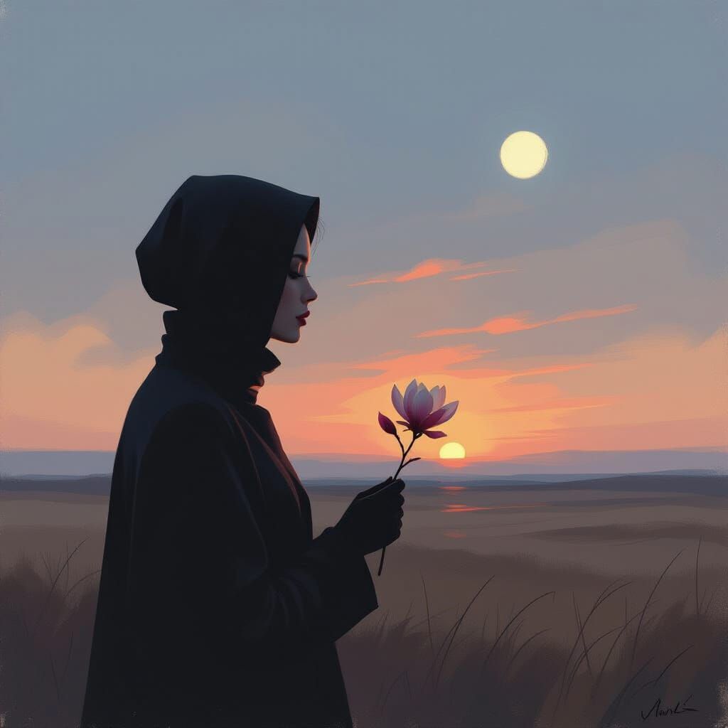 Figure Contemplates Wilted Blossom Under Moody Twilight Sky