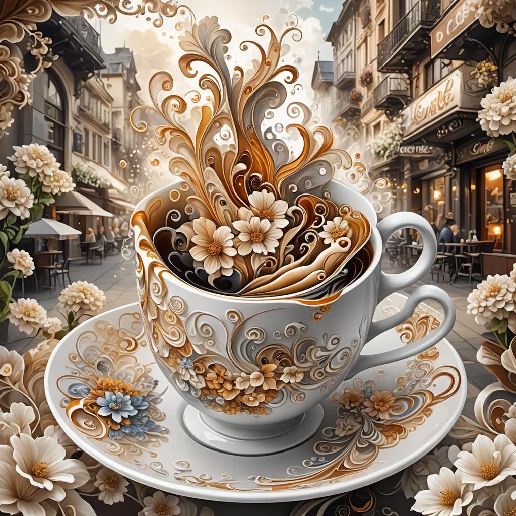 Floral Porcelain Cup with Coffee and Smoke